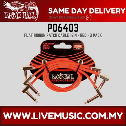Ernie Ball 6403 Flat Ribbon Pedalboard Patch Cable, Right Angle to Right Angle, Red, 12 Inch, 3-pack