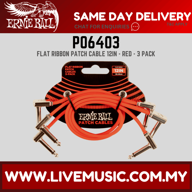 Ernie Ball 6403 Flat Ribbon Pedalboard Patch Cable, Right Angle to Right Angle, Red, 12 Inch, 3-pack