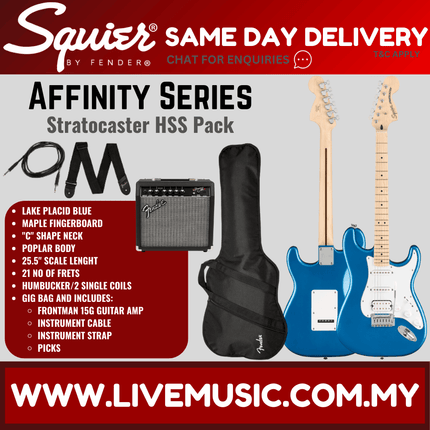 Squier Affinity Series HSS Stratocaster Guitar Pack with Frontman 15G , Maple Fretboard - Lake Placid Blue