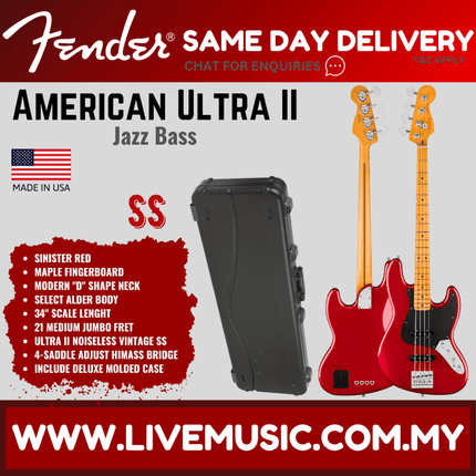 Fender American Ultra II Jazz Bass Guitar, Maple FB, Sinister Red