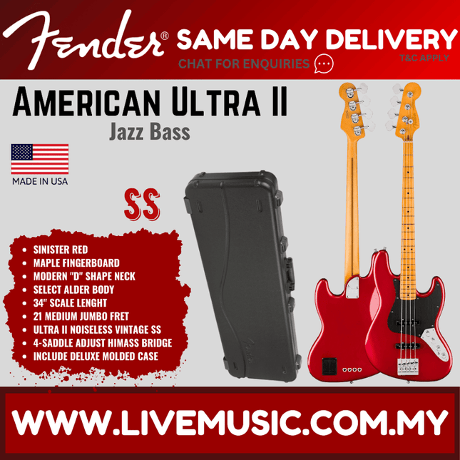 Red electric Jazz bass guitar with maple fingerboard, Fender headstock and pickups
