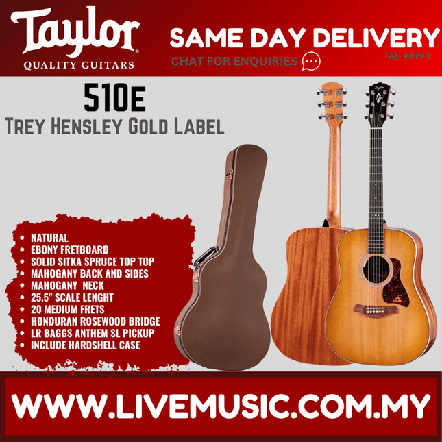 Acoustic guitar with natural finish, Taylor headstock, and soundhole, plus hard case