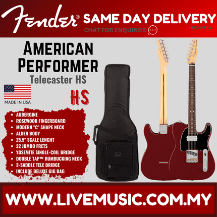 Fender American Performer HS Telecaster Electric Guitar, Rosewood Fretboard with Case - Aubergine