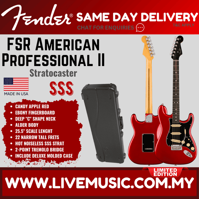 Fender FSR American Professional II Stratocaster Electric Guitar, Ebony FB, Candy Apple Red