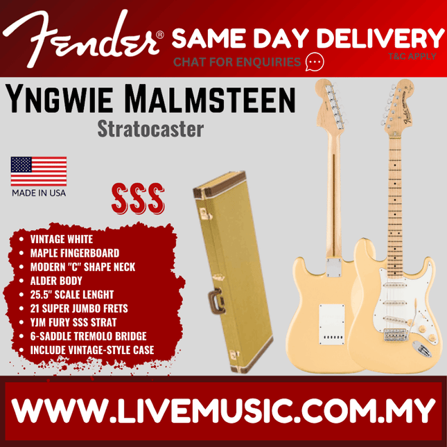 Fender Artist Yngwie Malmsteen Stratocaster Guitar, Scalloped Maple Fretboard with Hardshell Case - Vintage White
