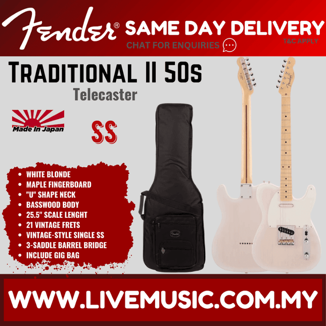Fender Japan Traditional II 50s Telecaster Electric Guitar, Maple Fretboard with FREE Gig Bag - White Blonde