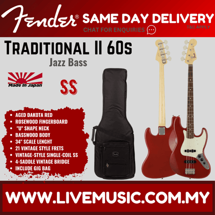 Fender Japan Traditional II 60s Jazz Bass Guitar, RW FB, Aged Dakota Red