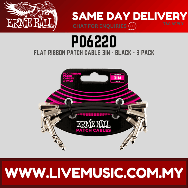 Ernie Ball 6220 Flat Ribbon Pedalboard Patch Cable, Right Angle to Right Angle, Black, 3 Inch, 3-pack
