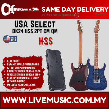 Charvel USA Select DK24 HSS 2PT CM QM Electric Guitar, Caramelized Maple FB, Blue Burst