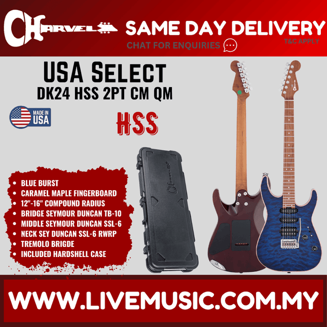 Charvel USA Select DK24 HSS 2PT CM QM Electric Guitar, Caramelized Maple FB, Blue Burst