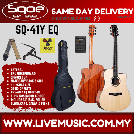 SQOE SQ-41Y EQ 41" Spruce Top Folk Acoustic Electric Guitar w/Gig Bag, HPL FB - Natural ( SQ41Y EQ / SQ 41Y EQ)