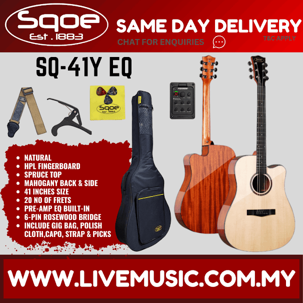 SQOE SQ-41Y EQ 41" Spruce Top Folk Acoustic Electric Guitar w/Gig Bag, HPL FB - Natural ( SQ41Y EQ / SQ 41Y EQ)