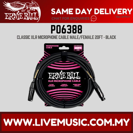 Ernie Ball 6388 XLRM-XLRF Microphone Cable, 20′, Black