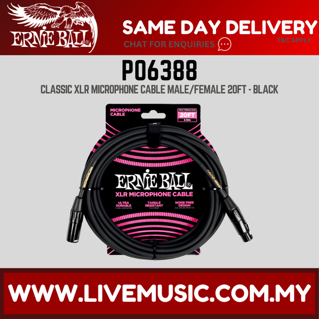 Ernie Ball 6388 XLRM-XLRF Microphone Cable, 20′, Black