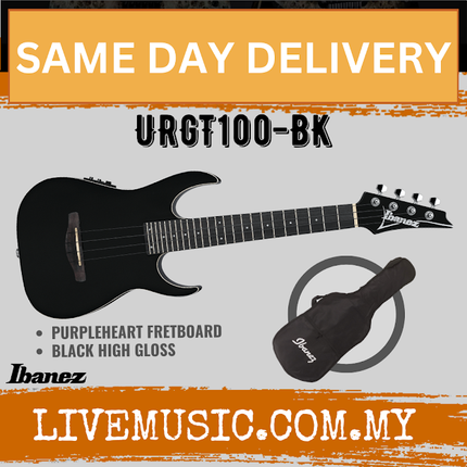 Black electric tenor ukulele with glossy finish, purpleheart fretboard, Ibanez headstock
