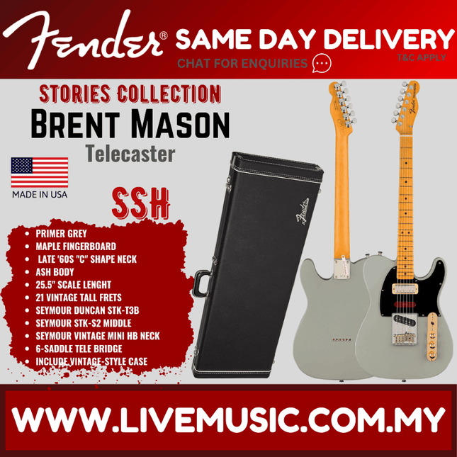Fender Stories Collection Brent Mason Telecaster Electric Guitar, Primer Grey