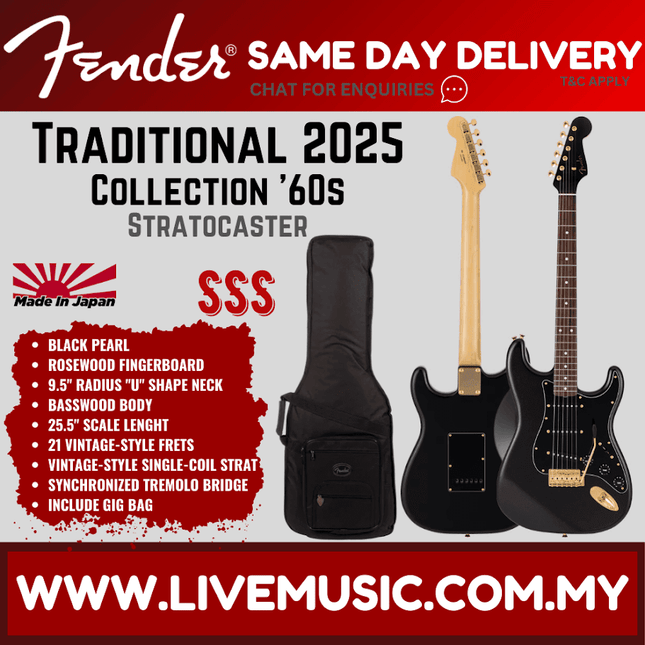 Fender Japan Traditional 2025 Collection 60s Stratocaster Electric Guitar, RW FB, Black Pearl