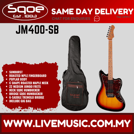 Sqoe JM400-SB Electric Guitar With Gig Bag Roasted Maple FB, Sunburst ( JM400SB / JM400-SB )