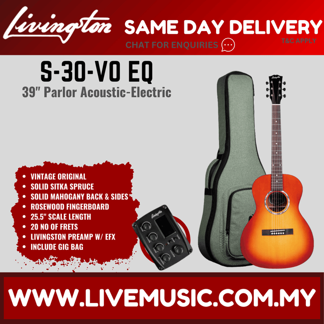 Livingston S-30 EQ 39" Full Solid Parlor Acoustic Guitar, Rosewood FB - ( S30 S 30 )