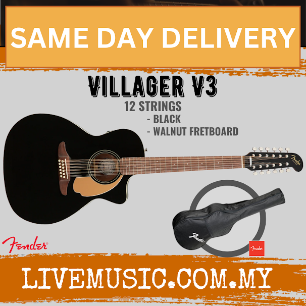 Fender California Series Villager 12-String V3 Semi-Acoustic Guitar w/ Gig Bag, Walnut FB, Black