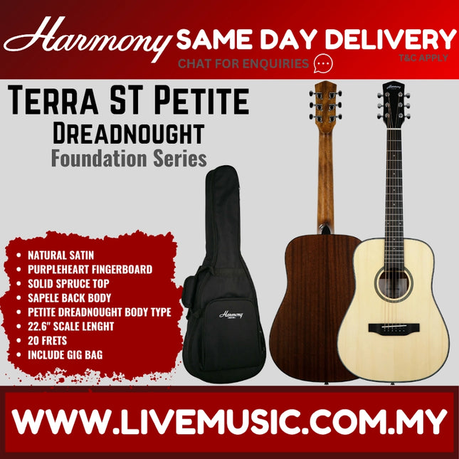 Harmony Foundation Series Terra ST Petite Dreadnought Acoustic Guitar w/Bag, Natural Satin