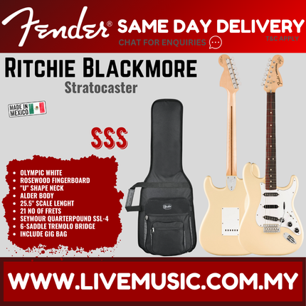 Fender Artist Ritchie Blackmore Stratocaster Guitar, Scalloped Rosewood Fretboard with Deluxe Gig Bag - Olympic White