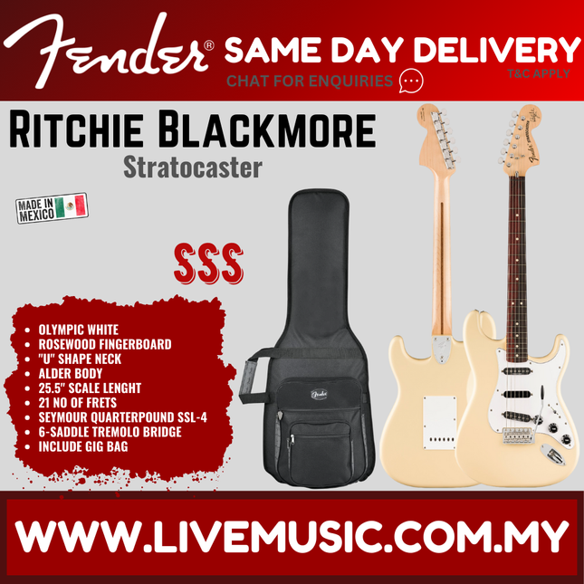 Fender Artist Ritchie Blackmore Stratocaster Guitar, Scalloped Rosewood Fretboard with Deluxe Gig Bag - Olympic White