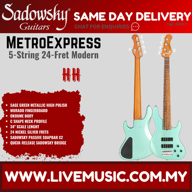 Sadowsky MetroExpress 24-Fret Modern 5-String Bass, Morado FB, Sage Green Metallic High Polish