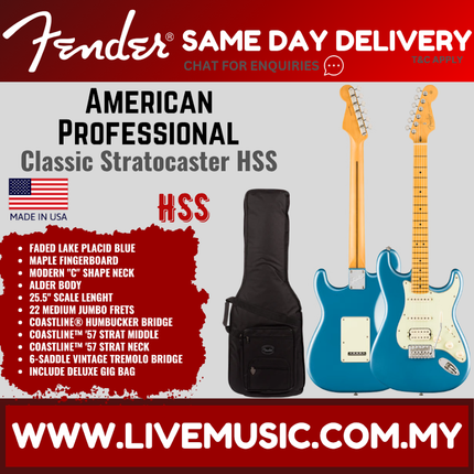 Fender American Professional Classic Stratocaster HSS Guitar, Maple FB, Faded Lake Placid Blue