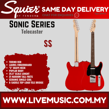 Squier Sonic Telecaster Electric Guitar w/Black Pickguard, Laurel FB, Torino Red