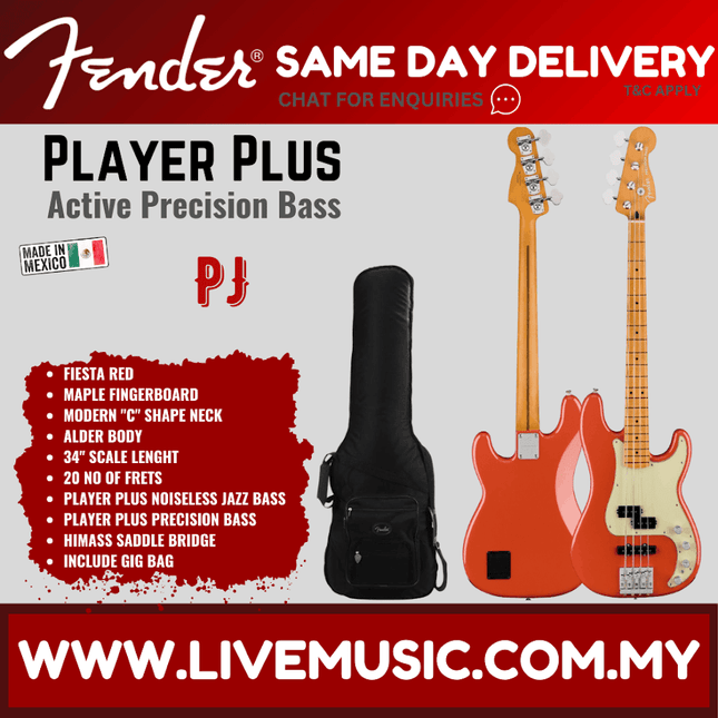 Fender Player Plus Active Precision bass guitar in Fiesta Red with maple fingerboard