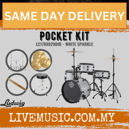 Ludwig LC178X029DIR Pocket Kit 4-Piece Drum Kit with Hardware and Cymbals - White Sparkle (LC178X 029DIR)