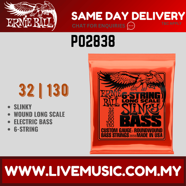 Ernie Ball 2838 Bass Guitar Strings Slinky 6-String Roundwound (32-130/EB2838)