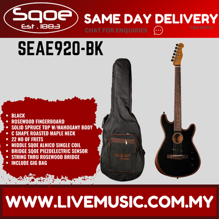 Sqoe SEAE920 Acoustasonic Telecaster Acoustic Electric Guitar w/Bag, Rosewood FB - Black ( SEAE 920 / SEAE-920 ) Replace SEAE 910