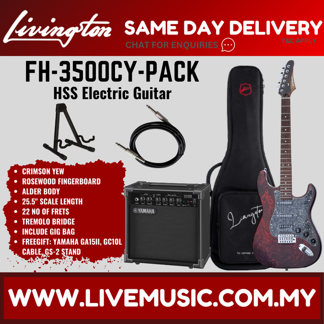 Livingston FH-3500-PACK Stratocaster HSS Electric Guitar w/GA15II Amplifier Rosewood Fretboard - ( FH3500 FH 3500 )