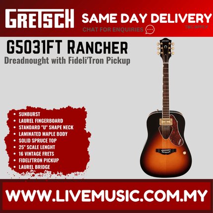 Gretsch G5031FT Rancher Dreadnought Acoustic Guitar, RW FB, Sunburst