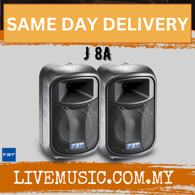 Pair of black FBT active monitor speakers with front grilles and top handles