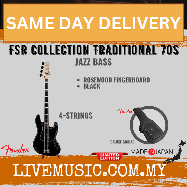 Black Fender Jazz Bass guitar with rosewood fingerboard and 4 strings
