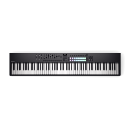 Black 88-key keyboard controller with central controls and LED grid