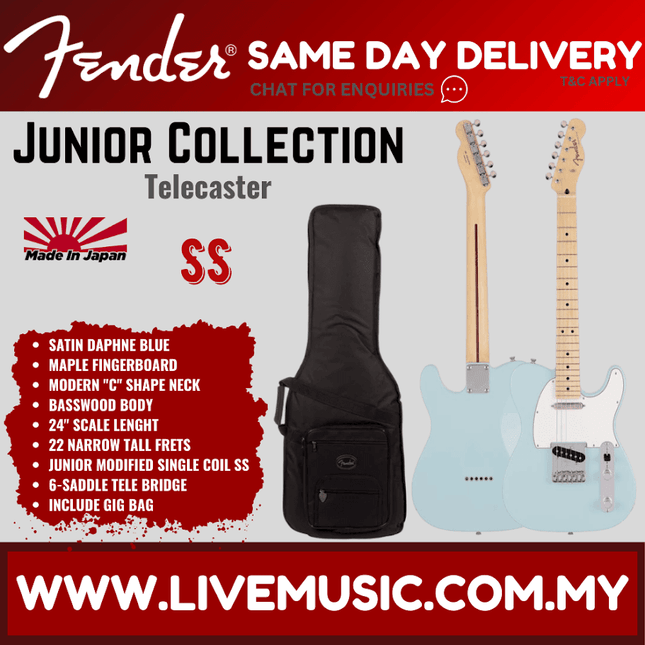 Fender Japan Junior Collection Telecaster Electric Guitar, Maple FB, Satin Daphne Blue