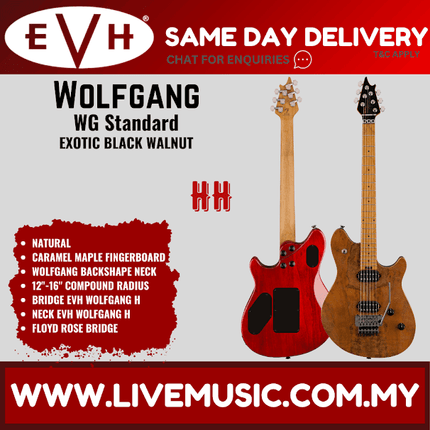 EVH Wolfgang Standard Exotic Black Walnut Electric Guitar, Baked Maple FB, Natural