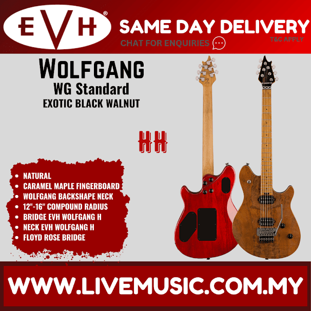 EVH Wolfgang Standard Exotic Black Walnut Electric Guitar, Baked Maple FB, Natural