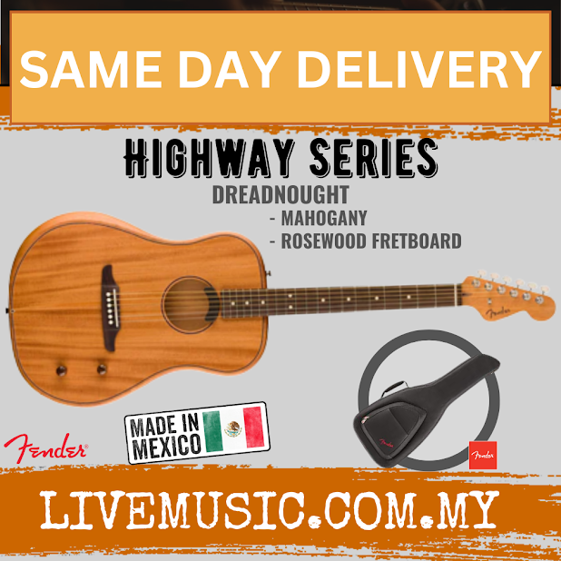 Mahogany dreadnought acoustic guitar with black soft bag and Highway Series branding