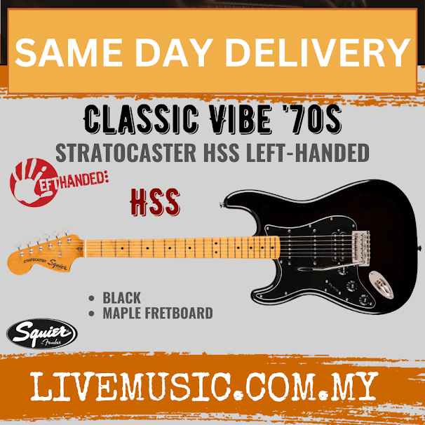 Squier Classic Vibe 70s Stratocaster HSS Left-handed Electric Guitar, Maple FB, Black