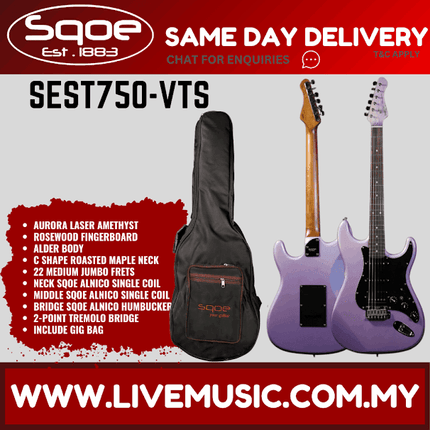 SQOE SEST750 Stratocaster HSS Electric Guitar w/Gig Bag, Maple FB - Aurora Laser Amethyst ( SEST-750 / SEST 750 )