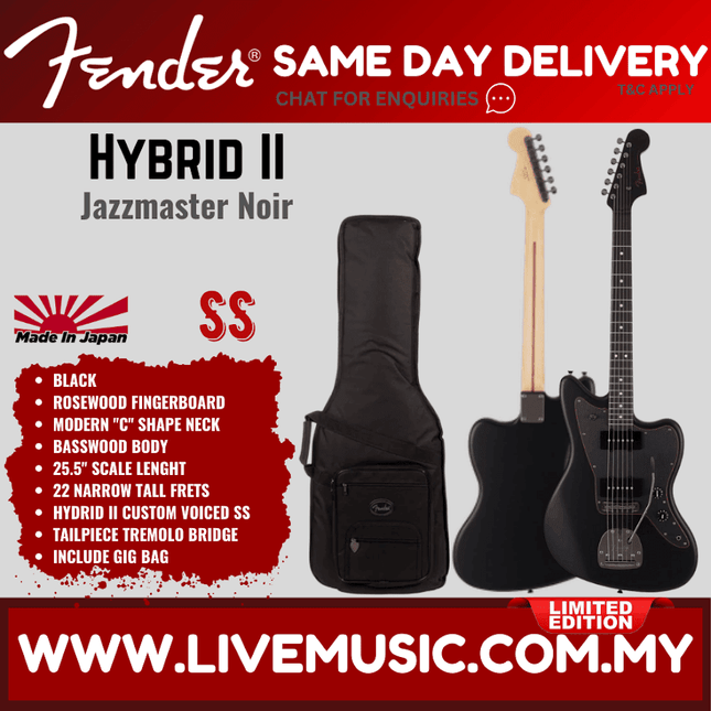 Fender Japan Ltd Ed Hybrid II Jazzmaster Electric Guitar, Noir, RW FB, Black