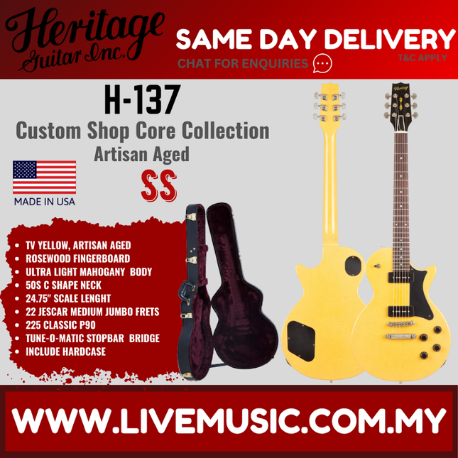 Heritage Custom Shop Core Collection H-137 Electric Guitar, TV Yellow, Artisan Aged ( H137 / H 137 )