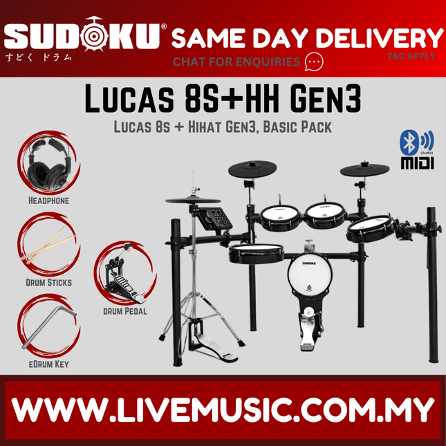 Sudoku Lucas 8S Gen3 Series Full Mesh Electronic Drum w/Drumsticks, Headphone, Pedals ( Lucas-8s / Lucas8s )