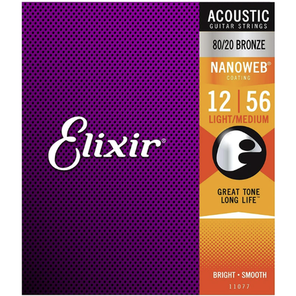 Elixir 11077 Nanoweb 80/20 Bronze Light-Medium Acoustic Guitar Strings (12-56)