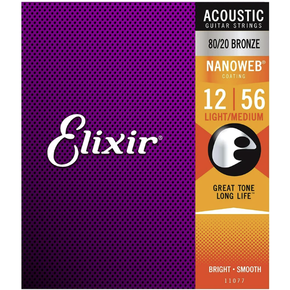 Elixir 11077 Nanoweb 80/20 Bronze Light-Medium Acoustic Guitar Strings (12-56)